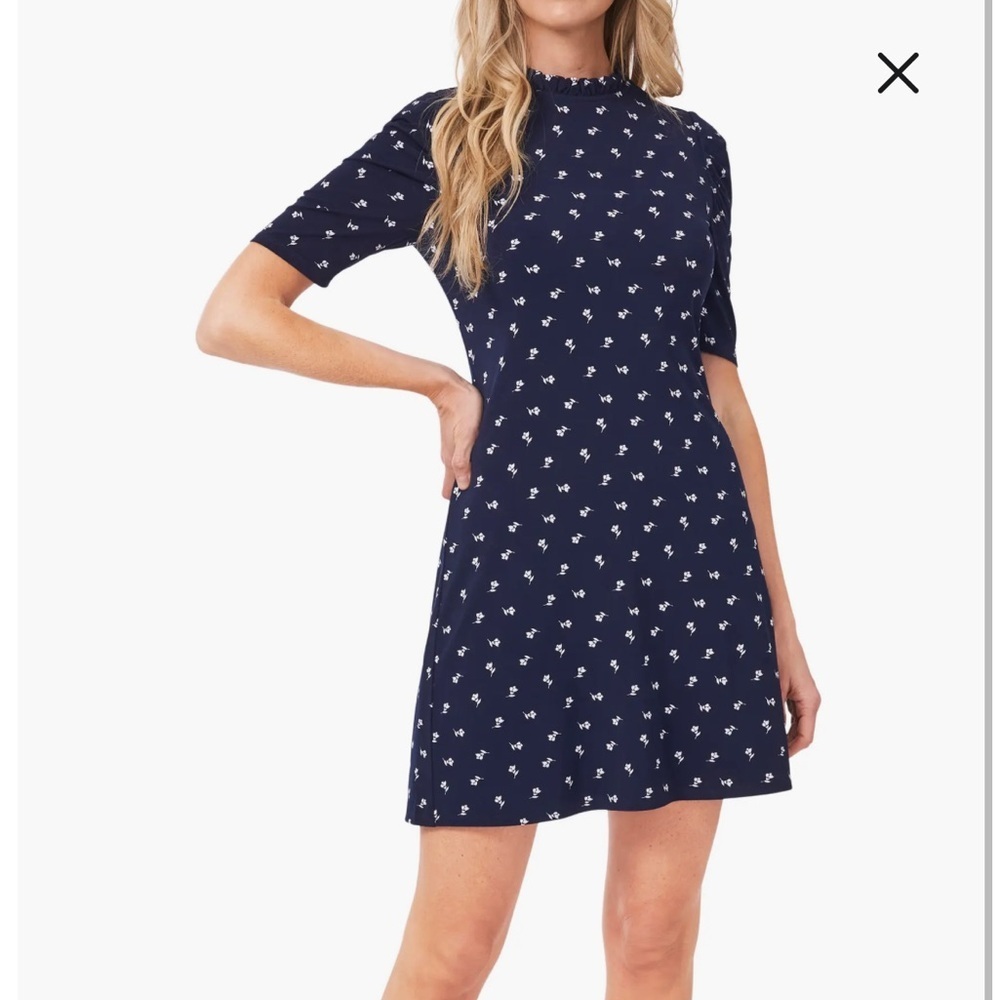NWT CeCe Navy Blue Dress with White floral pattern dress size S